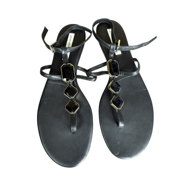 Diane von Furstenberg Black T-Strap Leather Sandals Gem Detail Size 9 - Picture 2 of 9